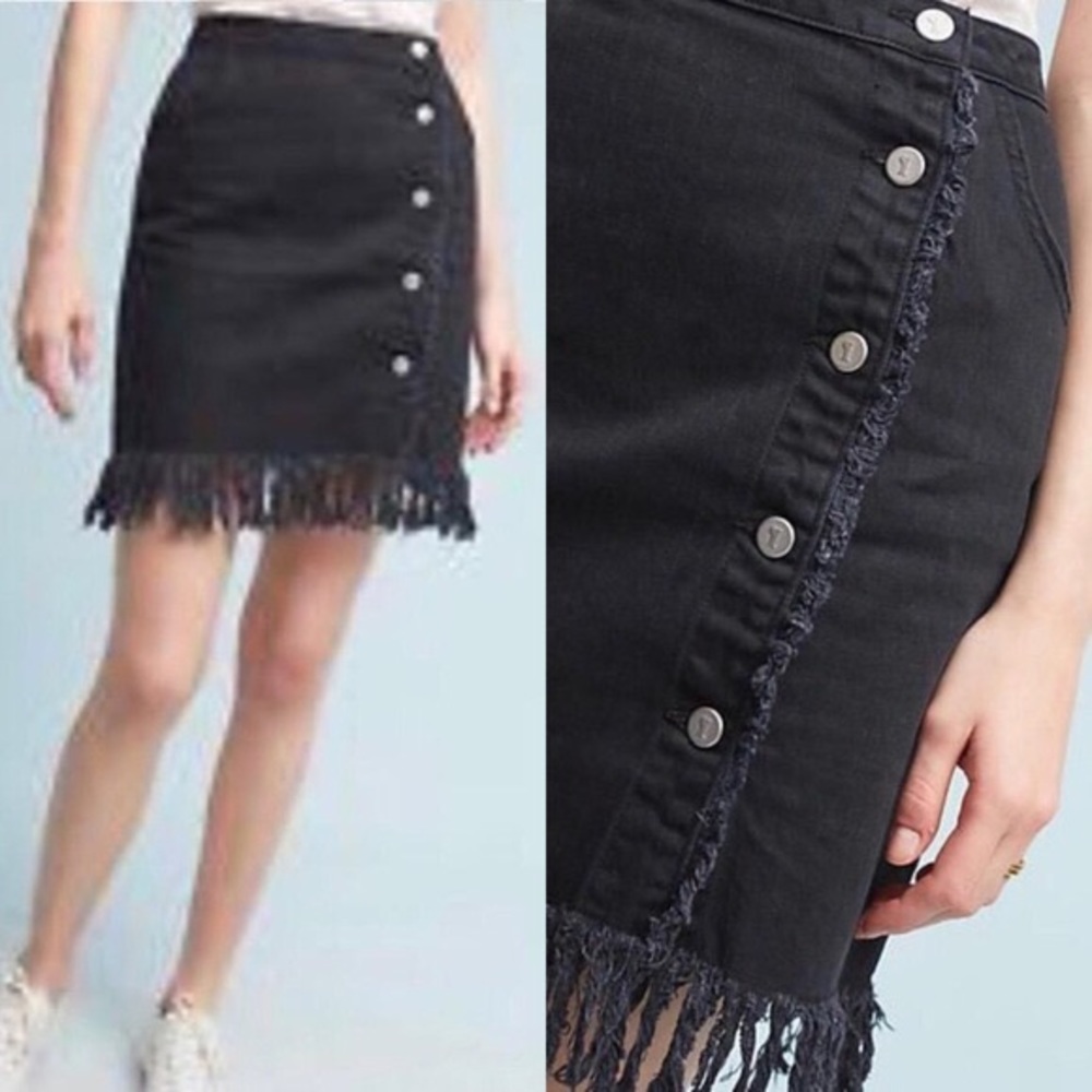 Black denim fringe Anthropologie skirt